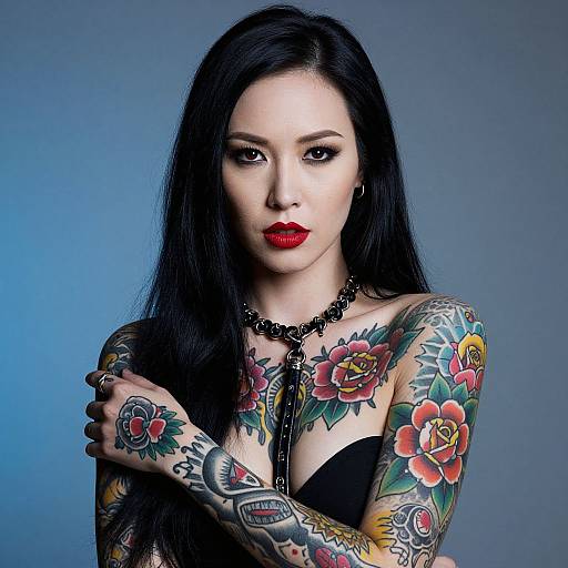 Portrait of Tattooed Woman with Red Lips