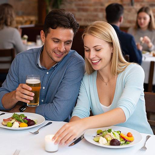 Photograph of a smiling couple at a restaurant, man with dark hair in blue shirt holding beer, woman with blonde hair in light blue top, pointing