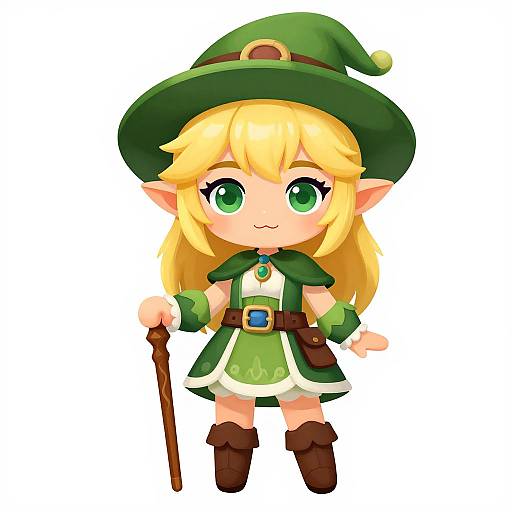 Chibi-style drawing of a cute blonde elf with green eyes, wearing a green hat, cape, and dress, holding a wooden staff.