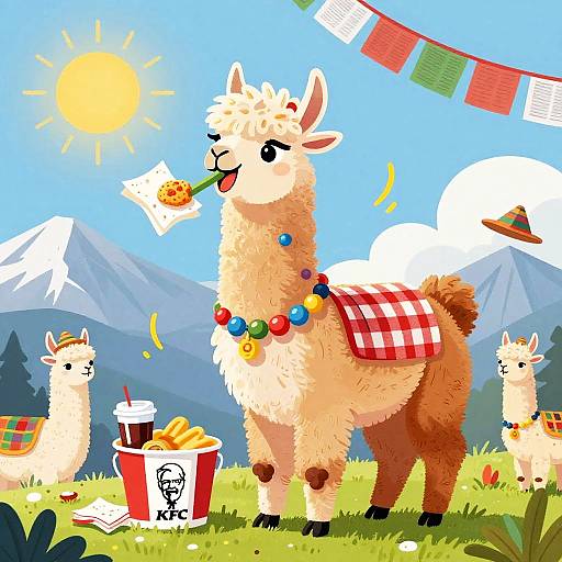 Jovial Llama Enjoying KFC Meal
