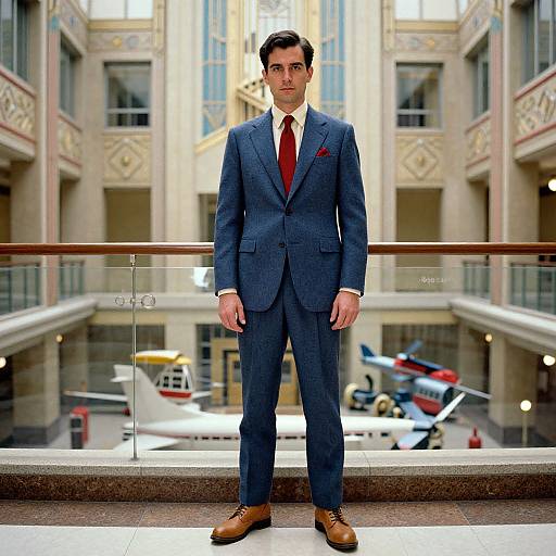 Photograph of a handsome man in a blue suit, red tie, and brown shoes, standing in a grand, ornate atrium with planes in
