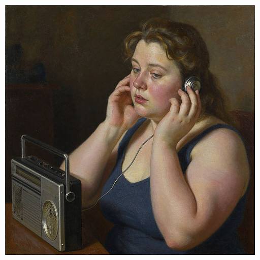 Photograph of a fair-skinned, curvy woman with wavy brown hair, wearing a navy tank top, listening to an old-style radio with