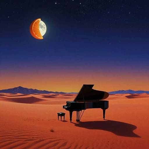Photograph of a grand piano in a vivid red desert under a starry night sky, with a glowing, crescent moon.