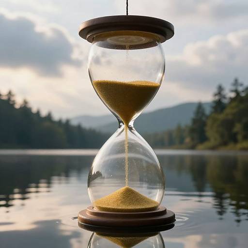 Photograph of a glass hourglass with sand flowing, standing in a reflective lake with a forest and mountainous backdrop.