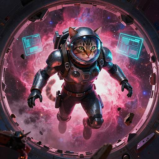 Digital artwork: Feline astronaut in a metallic spacesuit with glowing green eyes, floating in a cosmic vortex, surrounded by floating screens and space debris.