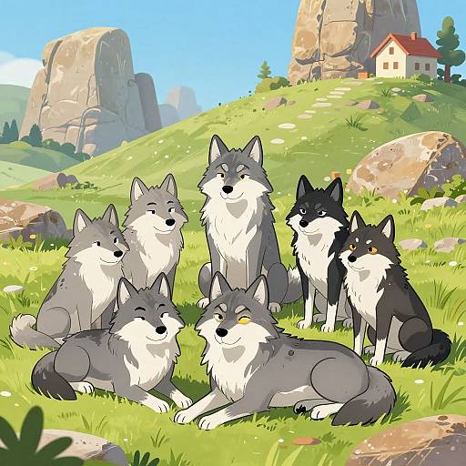 Digital illustration of seven wolves with gray and black fur sitting and lying on a sunny, grassy hill with a house and rocky mountains in the background.