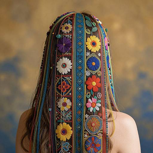 Photograph of a person's back, showcasing long, straight brown hair adorned with vibrant, colorful, embroidered floral headpiece, against a blurred golden-blue