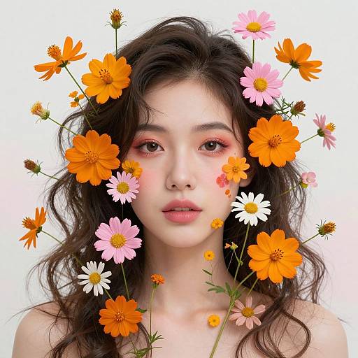 Digital portrait of a young woman with wavy brown hair, fair skin, and pink blush, surrounded by vibrant orange, pink, and white flowers against