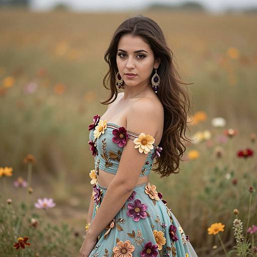 Photograph of a young woman with long brown hair, wearing a floral off-shoulder turquoise dress, standing in a field of colorful wildflowers.
