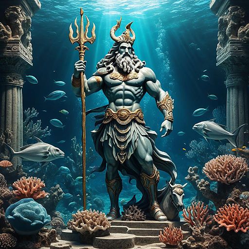 Underwater Poseidon Statue with Coral and Fish