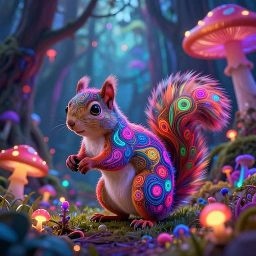 Digital artwork of a vibrant, neon-patterned squirrel with colorful swirls, standing amidst glowing mushrooms in a mystical forest.