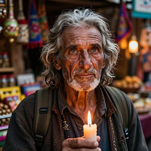 Photograph of an aged, weathered man with gray, wavy hair and beard, holding a lit candle, in a colorful, bustling market stall