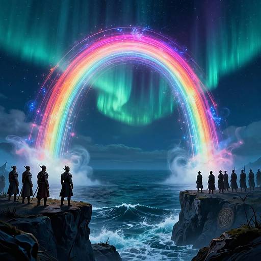 Digital painting of a vibrant rainbow arching over the ocean, with silhouetted figures in 18th-century attire standing on rocky cliffs, surrounded