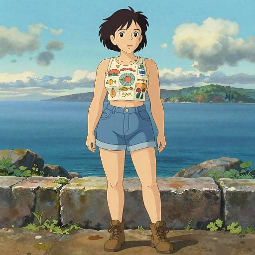 Anime-style drawing of a young woman with short black hair, wearing a colorful crop top, blue shorts, and brown boots, standing on a rocky sea
