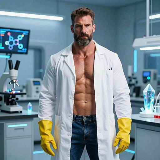 Photograph of a muscular, bearded man with a serious expression, wearing an open white lab coat, yellow gloves, and jeans, standing in a