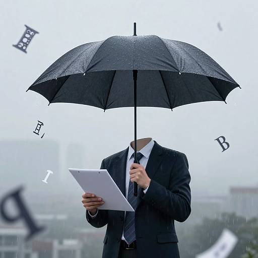 Photograph of a faceless businessperson in a black suit holding a black umbrella and a white tablet, with letters floating around. Rainy, urban