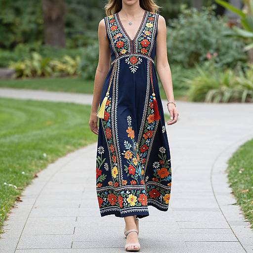 Photograph of a woman walking on a garden path, wearing a sleeveless, navy blue floral dress with bright orange, red, and yellow embroidery.
