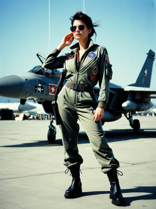 Woman in Top Gun Pilot Costume with Fighter Jet