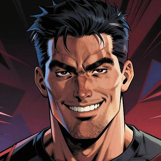 Digital comic-style portrait of a muscular, dark-haired man with a mischievous grin, intense eyes, and bold shadows against a red, dynamic background