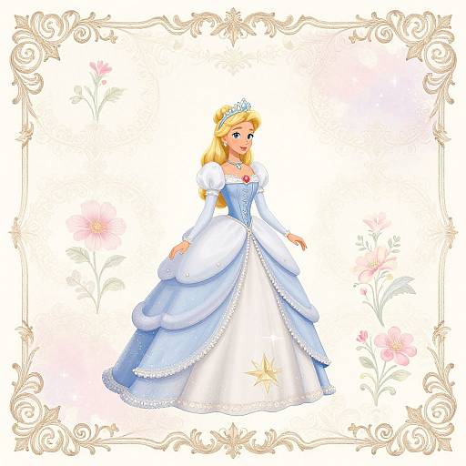 Digital illustration of a blonde princess in a blue and white ball gown with a tiara, surrounded by ornate floral frame.