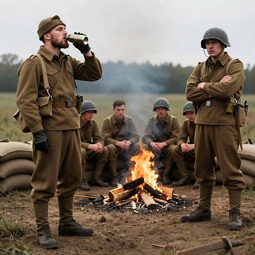 World War I Soldiers Resting by Campfire