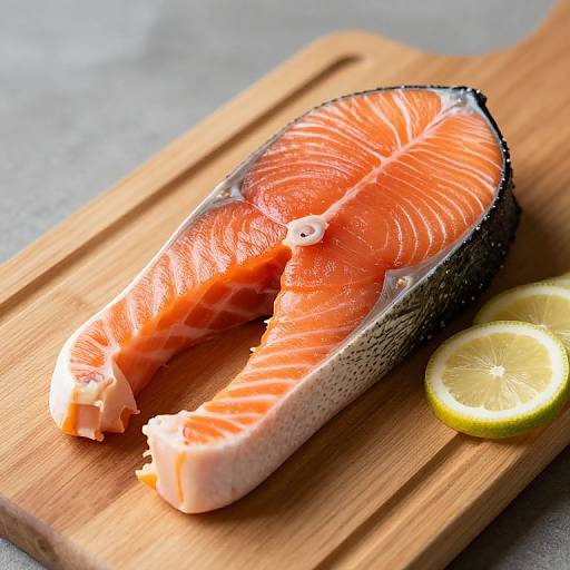 Photograph of a fresh, raw, vibrant orange salmon fillet with dark edges, on a wooden cutting board with a lemon slice.