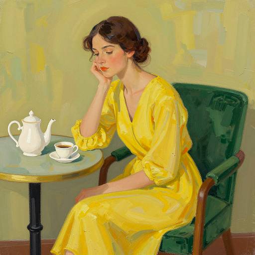 Woman in Yellow Dress with Tea