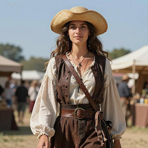 Young Woman in Renaissance Pirate Costume at Outdoor Market