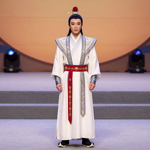 Photograph of an Asian model in traditional Korean hanbok with white robe, red sash, silver trim, and hair ornament, standing on runway
