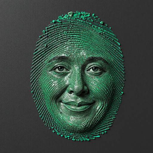 Digital artwork of a smiling face made from green, textured, circular lines on a dark background, resembling a fingerprint.