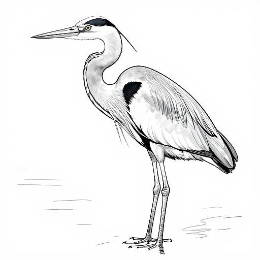 Black and white line drawing of a standing heron with detailed feathers, sharp beak, and long legs, against a simple white background.