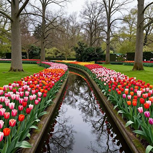 Symmetrical Tulips Along Serene Waterway