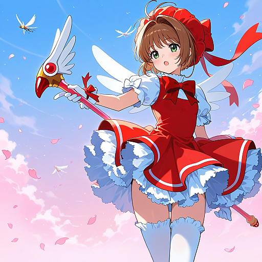 Anime-style digital drawing of a cute, brown-haired girl in a red and white magical girl outfit, holding a staff with a bird, against a bright