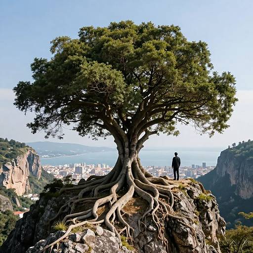 Photograph of a lone figure standing on a rocky cliff, gazing at a large, sprawling tree with exposed roots, overlooking a coastal cityscape.
