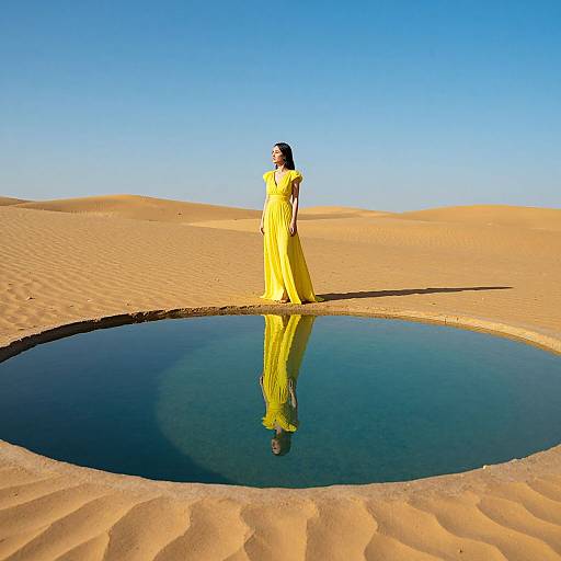 Photograph of a woman in a bright yellow dress standing by a circular oasis in a vast, golden desert under a clear blue sky.