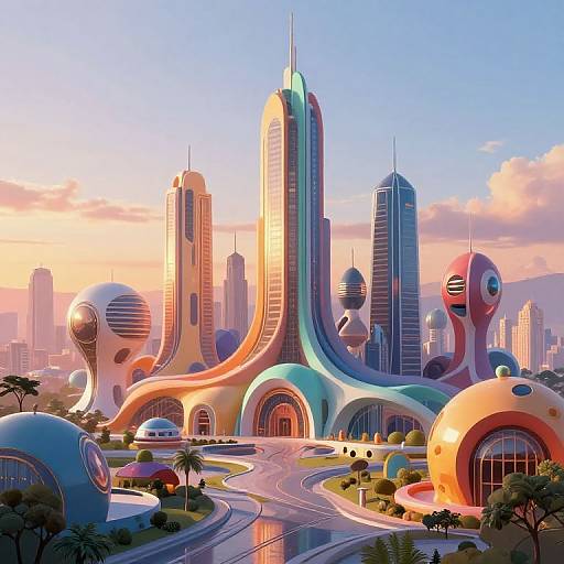 Futuristic Geometric Cityscape at Sunset