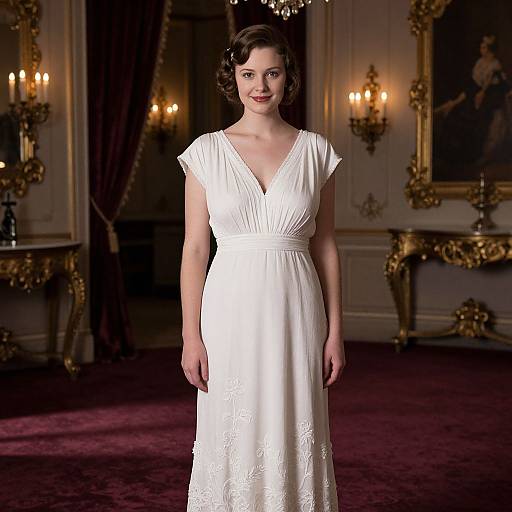 Photograph of a fair-skinned woman with short brown hair in a white, V-neck, lace-embellished wedding dress standing in an op