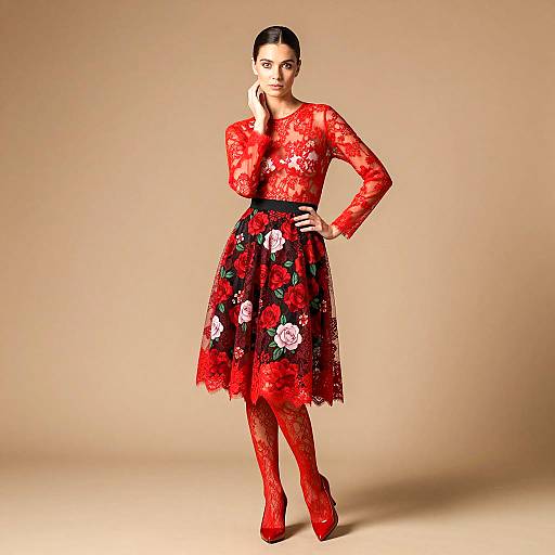 Woman in Sheer Red Lace Dress with Floral Skirt