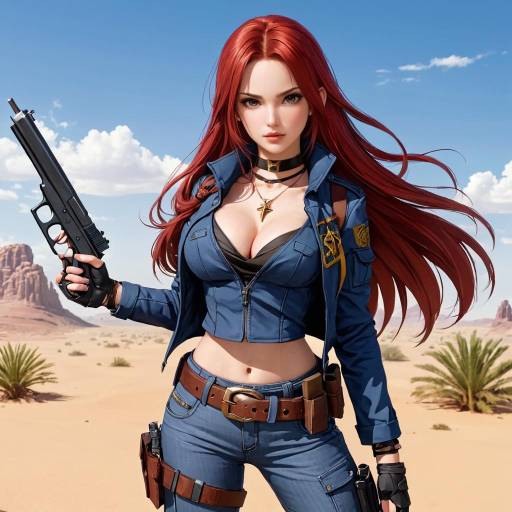 Red-haired Woman in Tactical Outfit Holding Gun in Desert