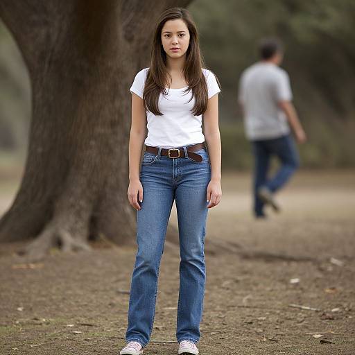Photograph of a young Asian woman with long brown hair, wearing a white t-shirt, blue jeans, and brown belt, standing on a dirt path