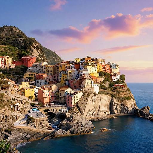 Photograph of colorful, cliffside Italian houses in Cinque Terre, with vibrant red, yellow, and pink buildings overlooking blue ocean and sunset sky