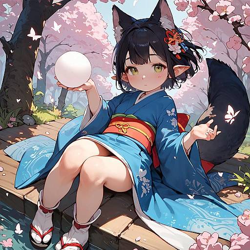 Blue Kimono Girl With Butterfly Orb