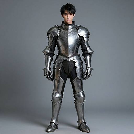 Photograph of an Asian man with short black hair in full shiny silver medieval-style armor, standing against a gray studio background.