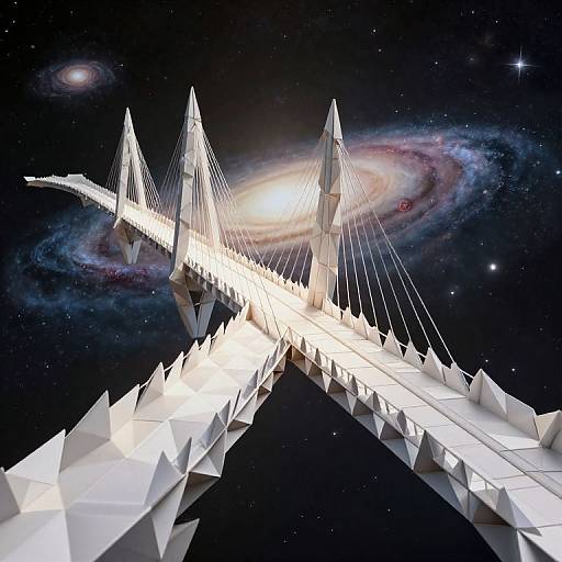 Digital art: futuristic white geometric suspension bridge with sharp triangular supports, extending into a cosmic background with a spiral galaxy and stars.
