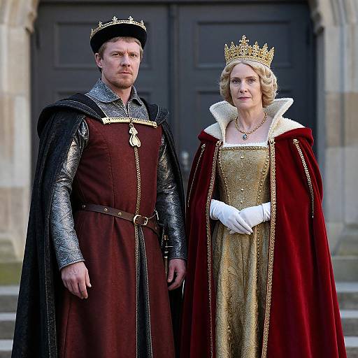 Photograph of a medieval royal couple; man in dark red tunic and silver armor, woman in gold gown and red velvet cloak, both wearing crow