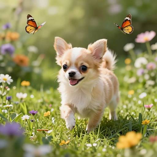 Photograph of a fluffy, tan and white Corgi puppy with perky ears, happily walking through a sunlit meadow filled with colorful flowers
