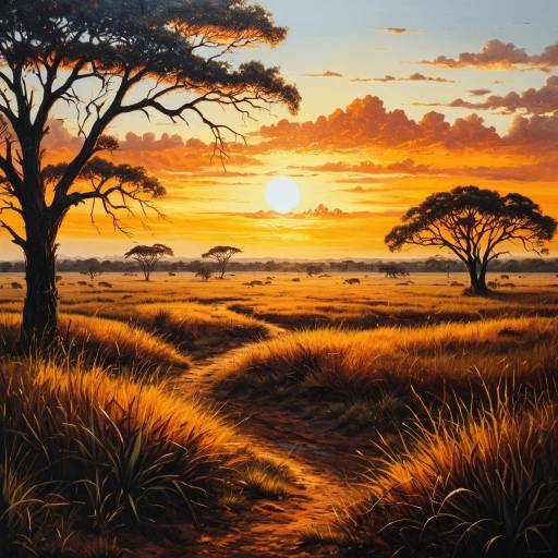 Sunset Over Savannah Plains Oil Painting