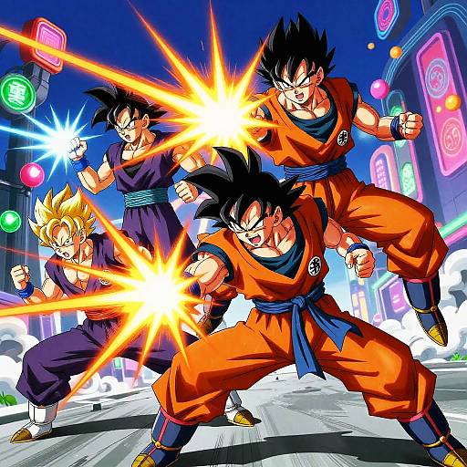 Digital anime artwork of four martial artists in orange and purple outfits, firing energy blasts in a neon-lit cityscape.