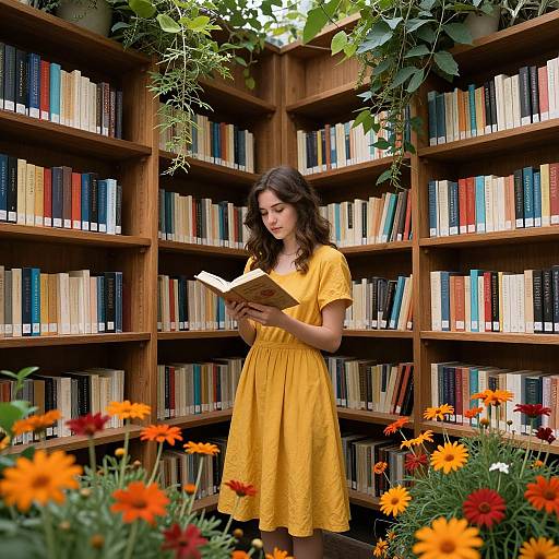 Photograph: Young woman with wavy brown hair, wearing yellow dress, reading book in wooden library with bookshelves and orange-red flowers in foreground
