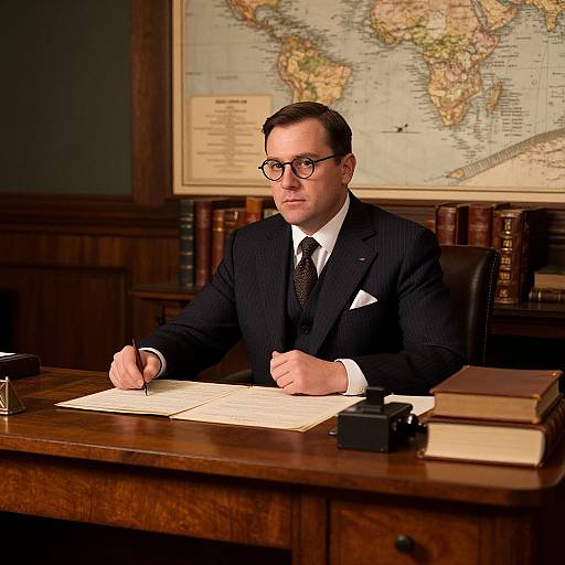 Photograph of a serious, bespectacled man in a dark pinstripe suit, white shirt, and black tie, writing at a wooden